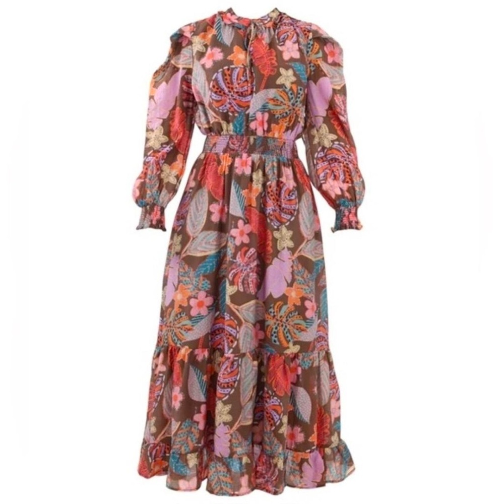 Fate Brown Floral Tiered Maxi Dress with Pink & Teal Accents